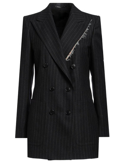 Pinstripe Double-Breasted Wool and Silk Frayed-Collar Blazer Branna Couture