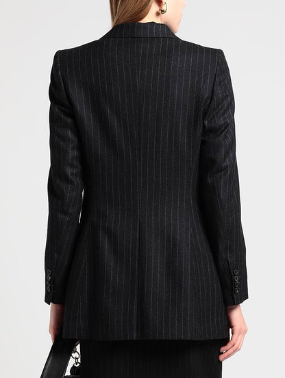 Pinstripe Double-Breasted Wool and Silk Frayed-Collar Blazer Branna Couture