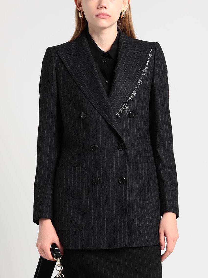 Pinstripe Double-Breasted Wool and Silk Frayed-Collar Blazer Branna Couture