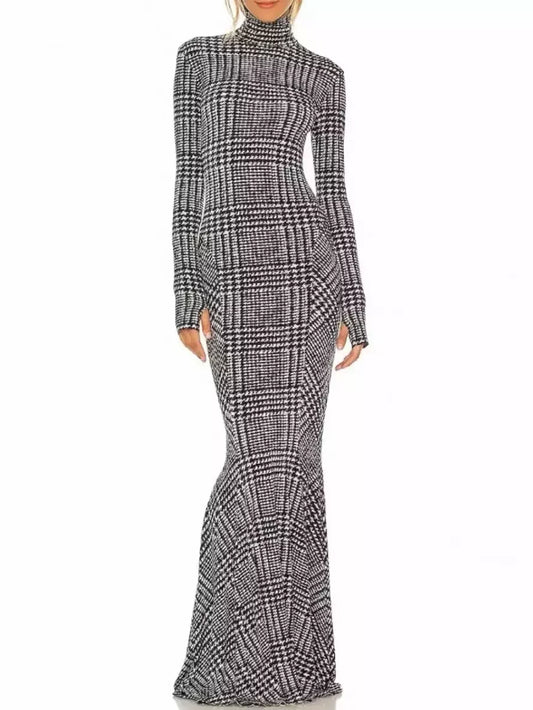 Plaid Long-Sleeve High-Neck Sheath Gown - S - Dresses