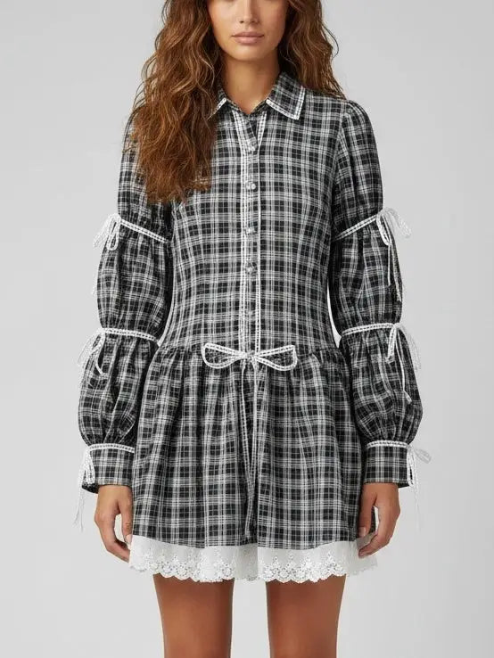 Plaid Mini Dress with Lace Trim and Tie-Sleeve Detail - Small - Dresses