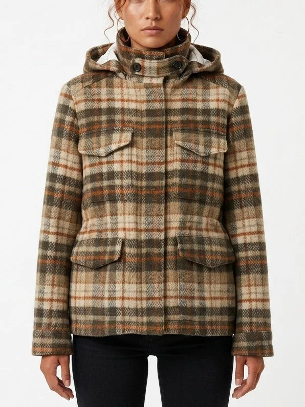 Plaid Wool Hooded Parka Jacket with Four Flap Pockets - Small - Jackets