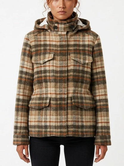 Plaid Wool Hooded Parka Jacket with Four Flap Pockets - Small - Jackets