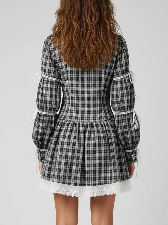 Plaid Mini Dress with Lace Trim and Tie-Sleeve Detail - Dresses