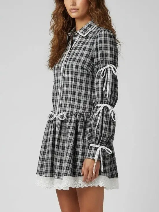 Plaid Mini Dress with Lace Trim and Tie-Sleeve Detail - Dresses