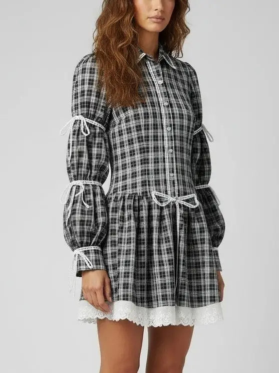 Plaid Mini Dress with Lace Trim and Tie-Sleeve Detail - Dresses