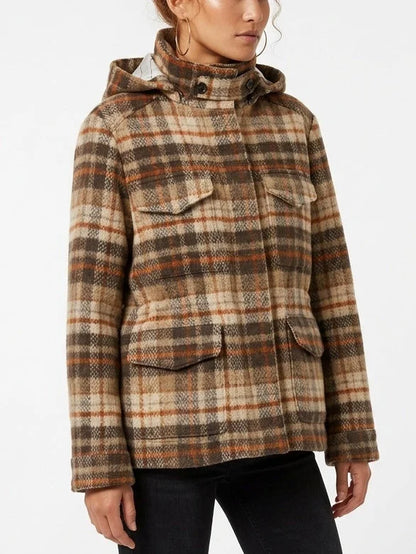 Plaid Wool Hooded Parka Jacket with Four Flap Pockets - Jackets