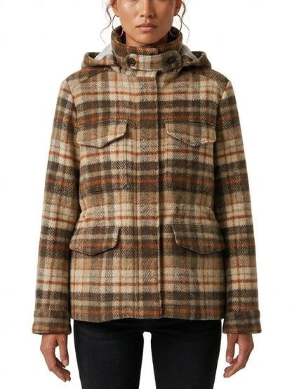 Plaid Wool Hooded Parka Jacket with Four Flap Pockets - Jackets