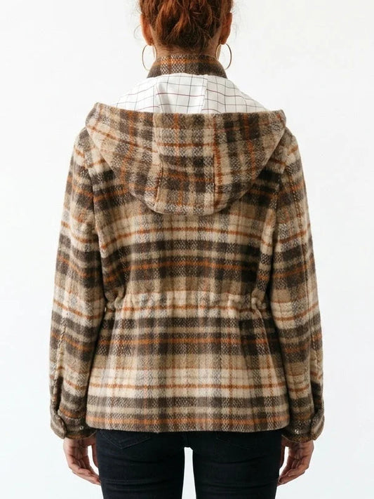 Plaid Wool Hooded Parka Jacket with Four Flap Pockets - Jackets