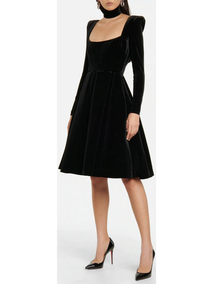 Pleated Black Velvet Midi Dress - Branna Couture