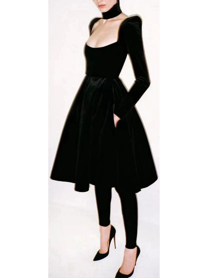 Pleated Black Velvet Midi Dress - Branna Couture