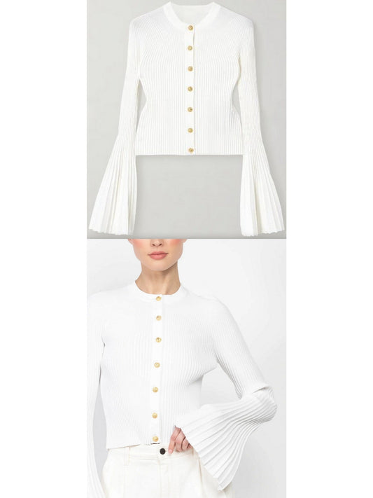 Pleated Ribbed Knit Cardigan with Flared Cuffs in White - Branna Couture