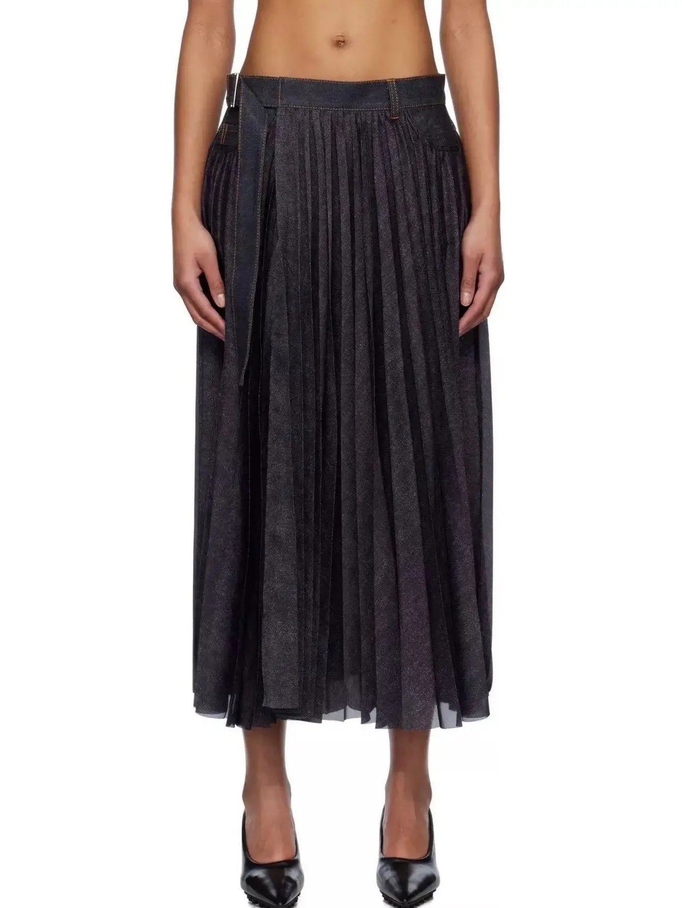 Pleated Denim Mix Belted Midi Skirt - Small - Skirts