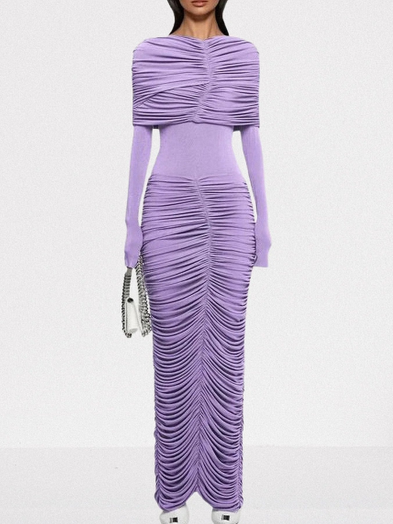 Pleated Ruched Drape Shoulder Jersey Gown S / Purple Dresses