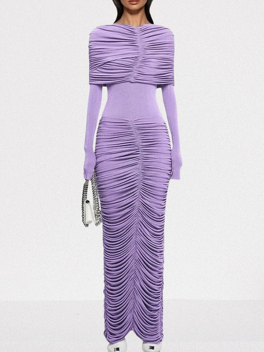 Pleated Ruched Drape Shoulder Jersey Gown S / Purple Dresses