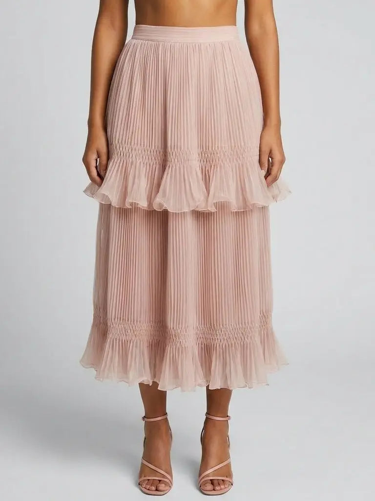 Pleated Ruffle Trim Midi Skirt in Blush Pink - Small - Skirts