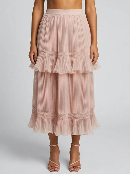 Pleated Ruffle Trim Midi Skirt in Blush Pink - Small - Skirts