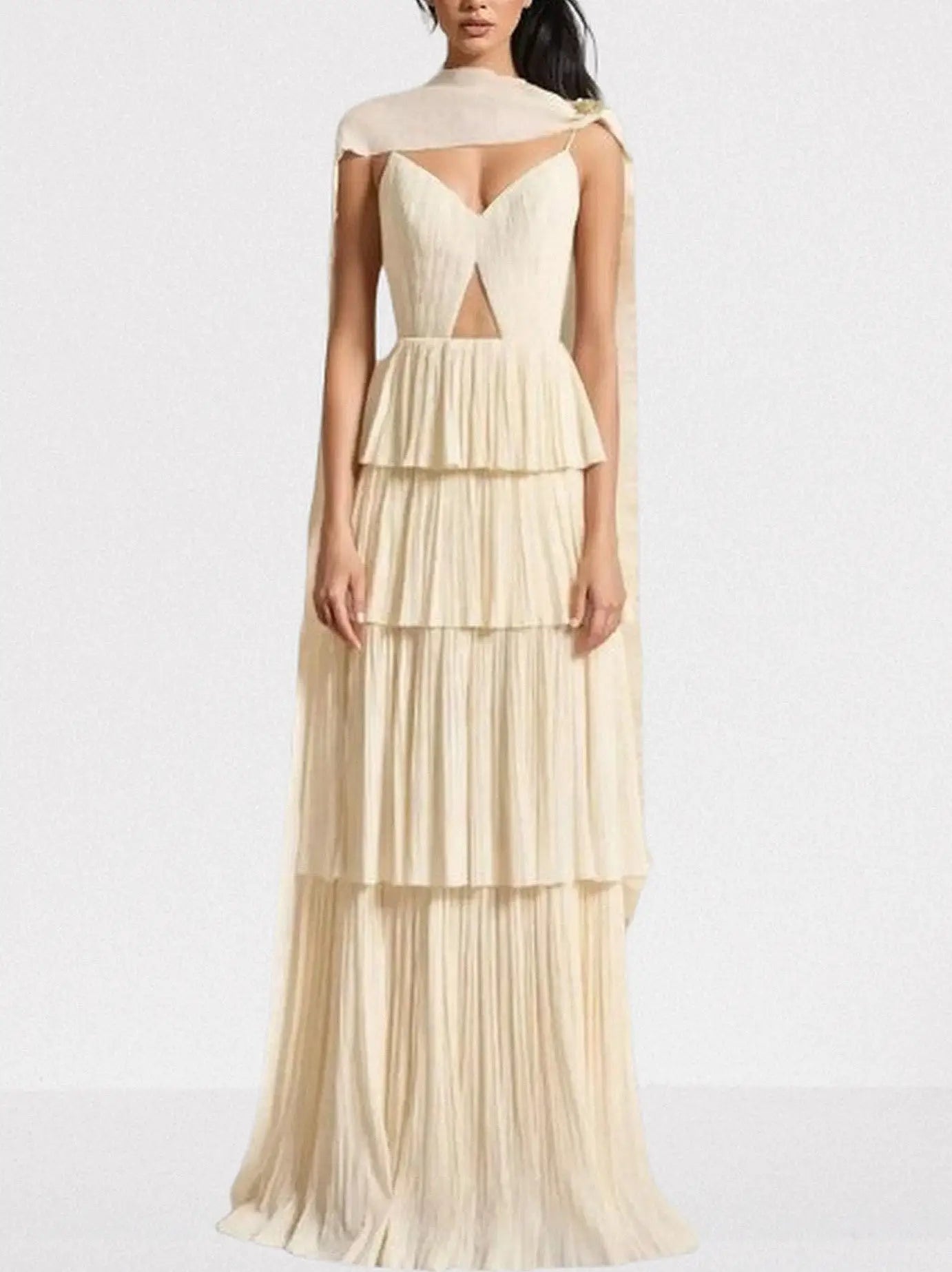 Pleated Tiered Maxi Gown in Champagne - S - Dresses