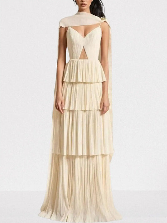 Pleated Tiered Maxi Gown in Champagne - S - Dresses