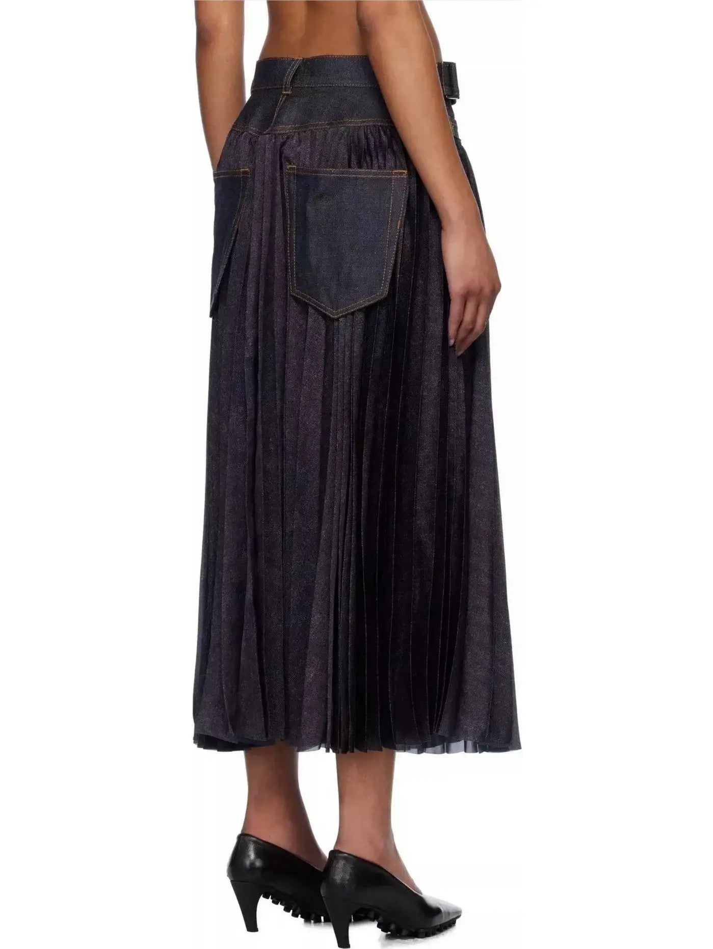 Pleated Denim Mix Belted Midi Skirt - Skirts