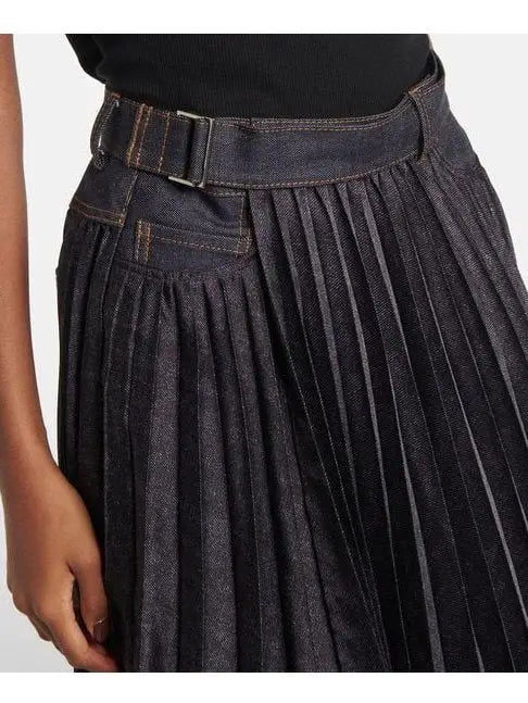 Pleated Denim Mix Belted Midi Skirt - Skirts