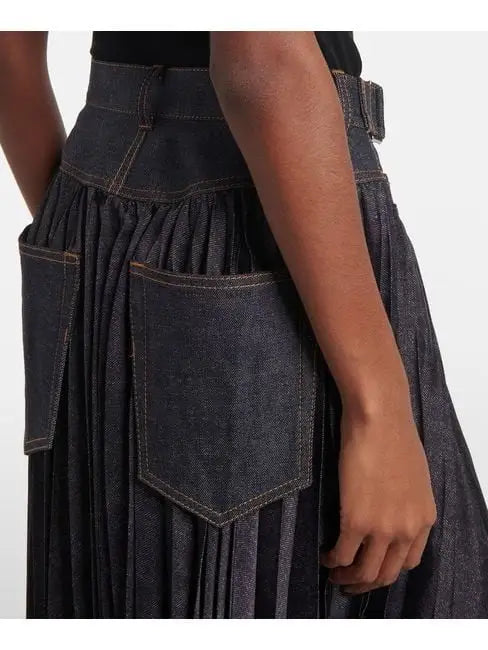 Pleated Denim Mix Belted Midi Skirt - Skirts