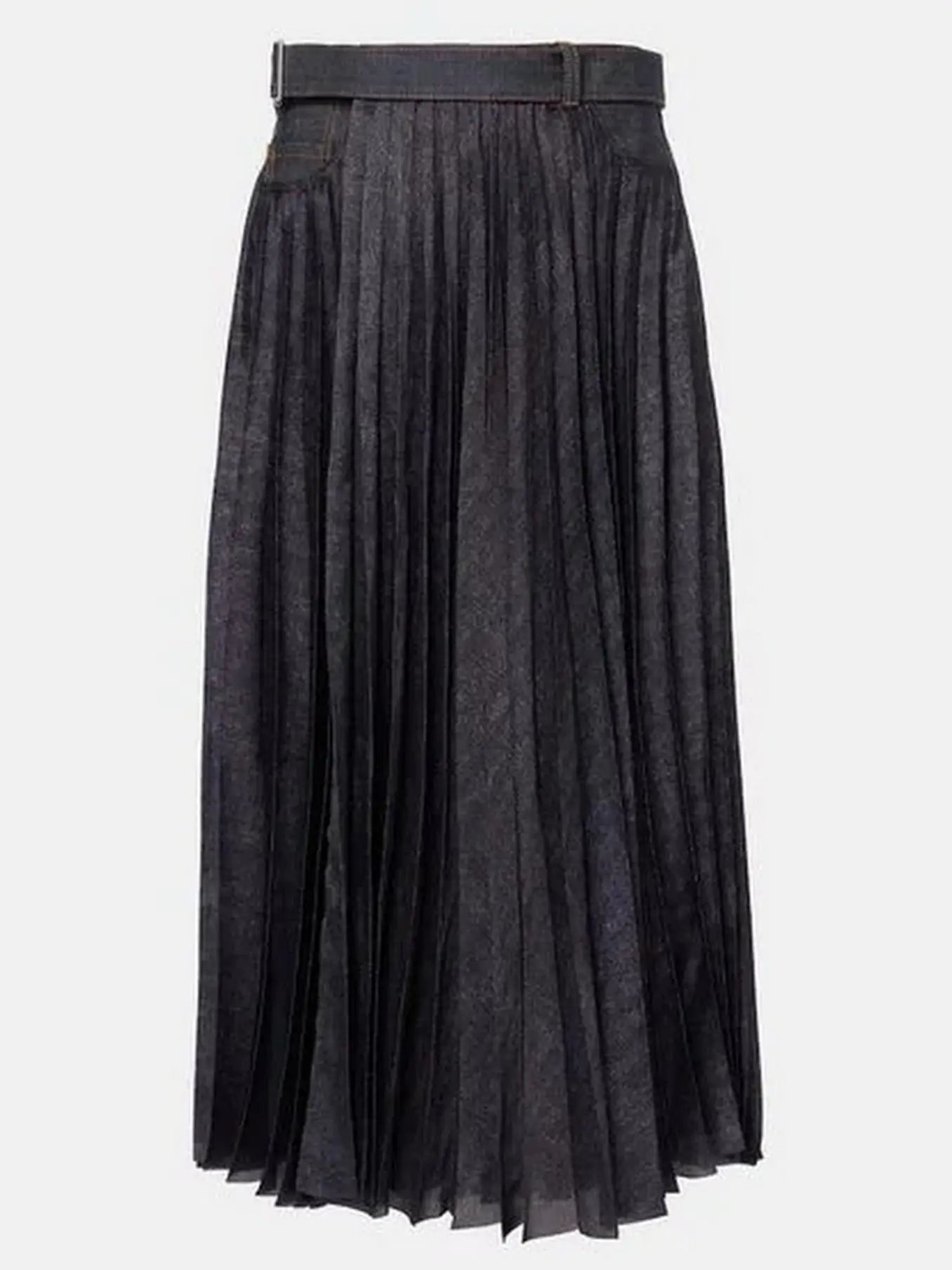 Pleated Denim Mix Belted Midi Skirt - Skirts