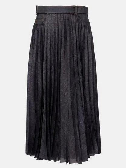 Pleated Denim Mix Belted Midi Skirt - Skirts