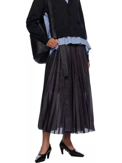 Pleated Denim Mix Belted Midi Skirt - Skirts