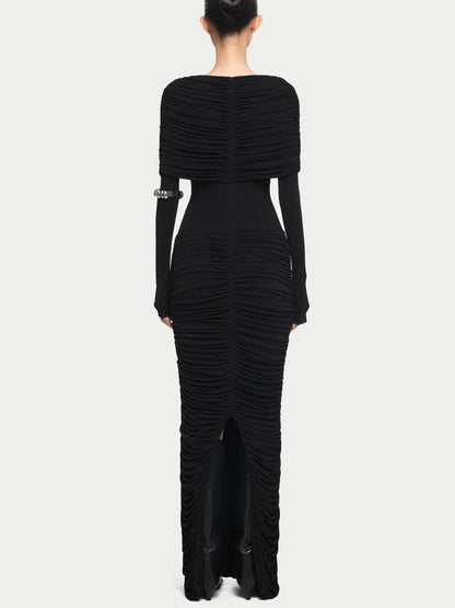 Pleated Ruched Drape Shoulder Jersey Gown Dresses