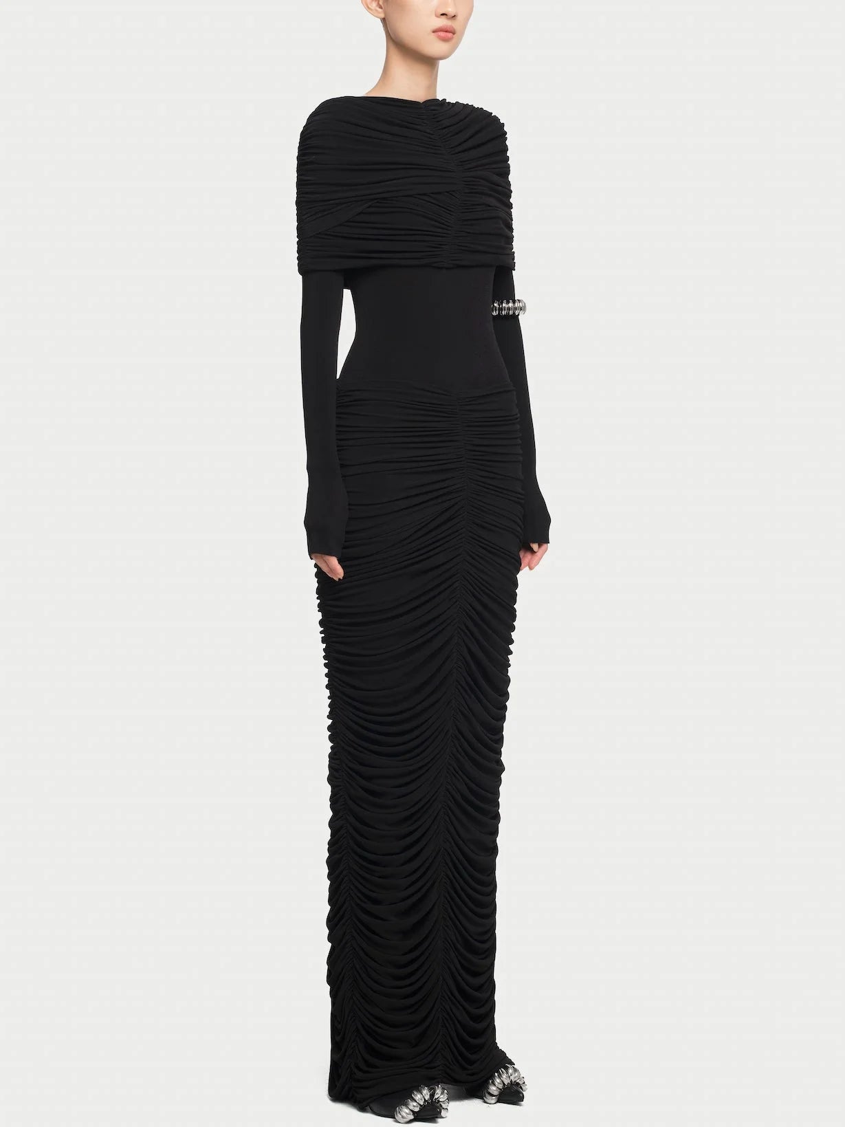 Pleated Ruched Drape Shoulder Jersey Gown Dresses