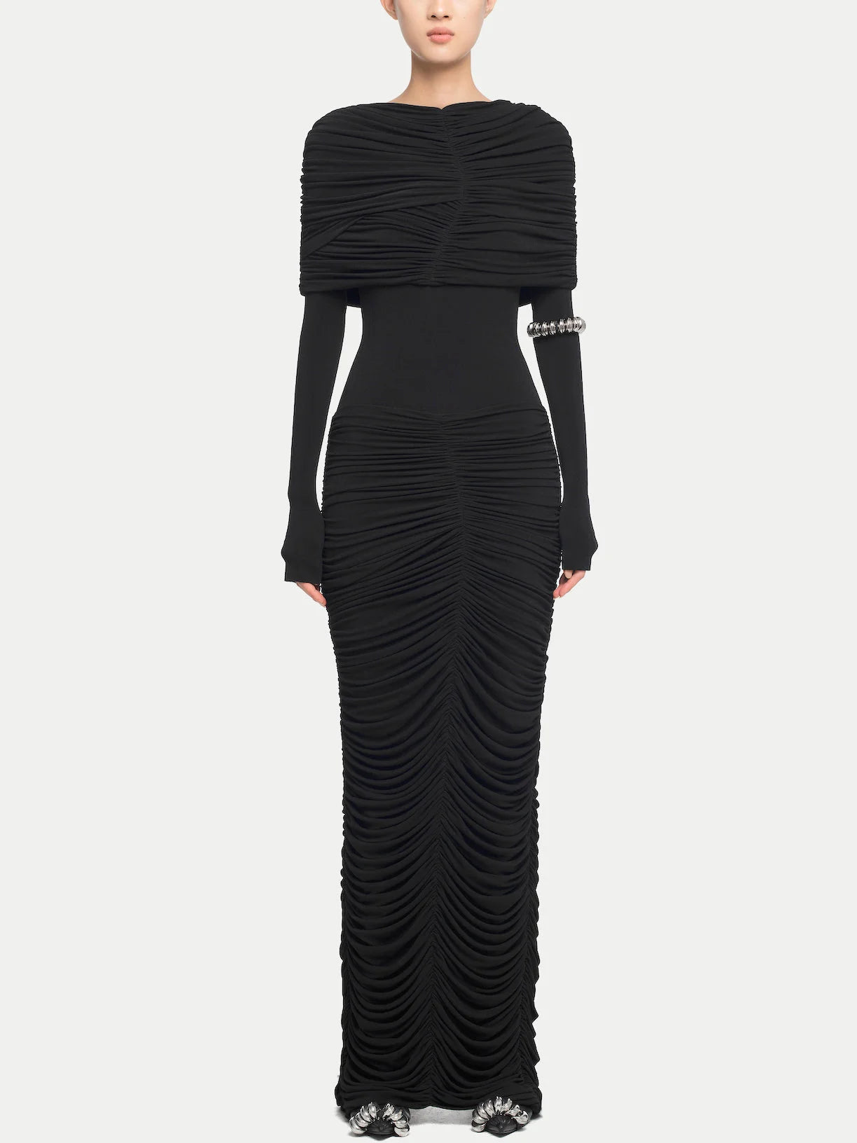 Pleated Ruched Drape Shoulder Jersey Gown S / Black Dresses