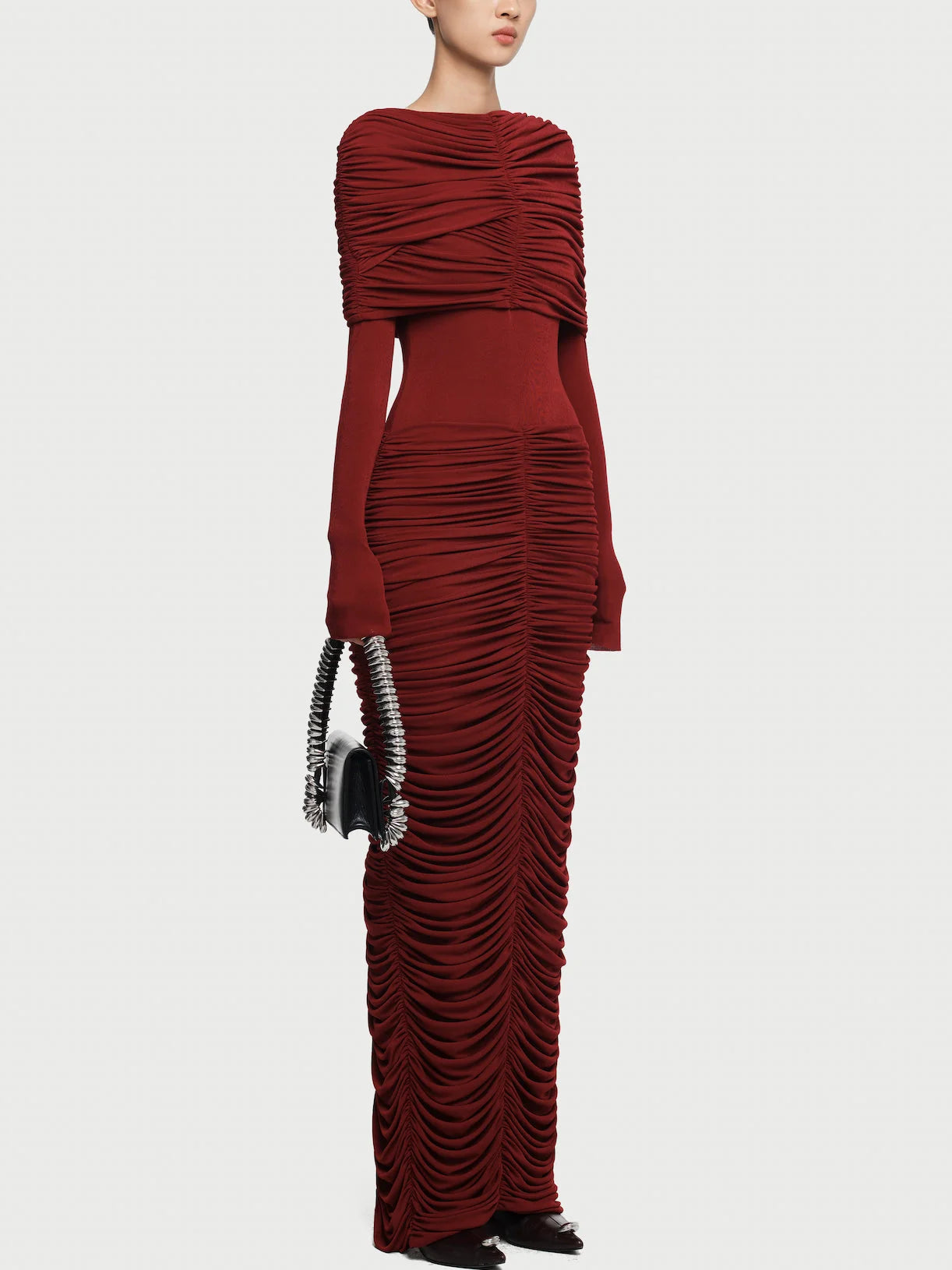 Pleated Ruched Drape Shoulder Jersey Gown Dresses