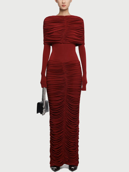Pleated Ruched Drape Shoulder Jersey Gown S / Red Dresses