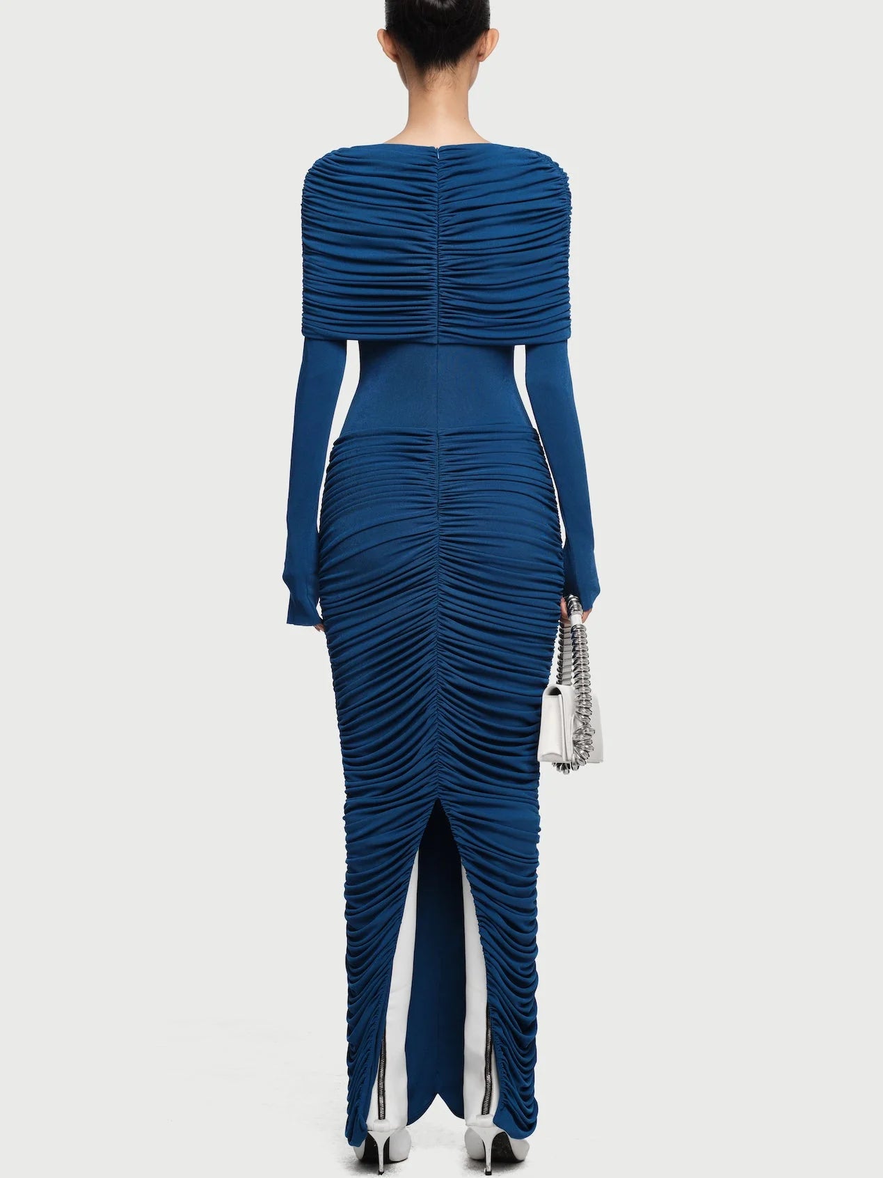 Pleated Ruched Drape Shoulder Jersey Gown Dresses