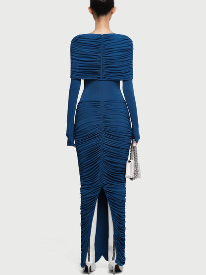 Pleated Ruched Drape Shoulder Jersey Gown Dresses