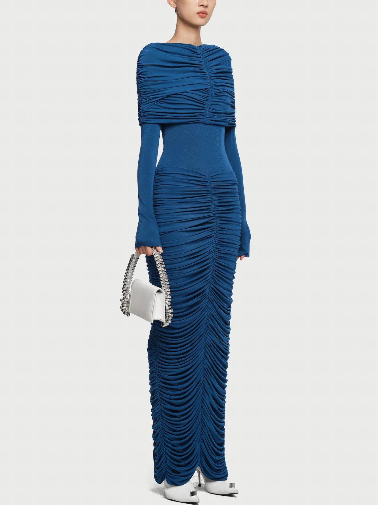 Pleated Ruched Drape Shoulder Jersey Gown Dresses