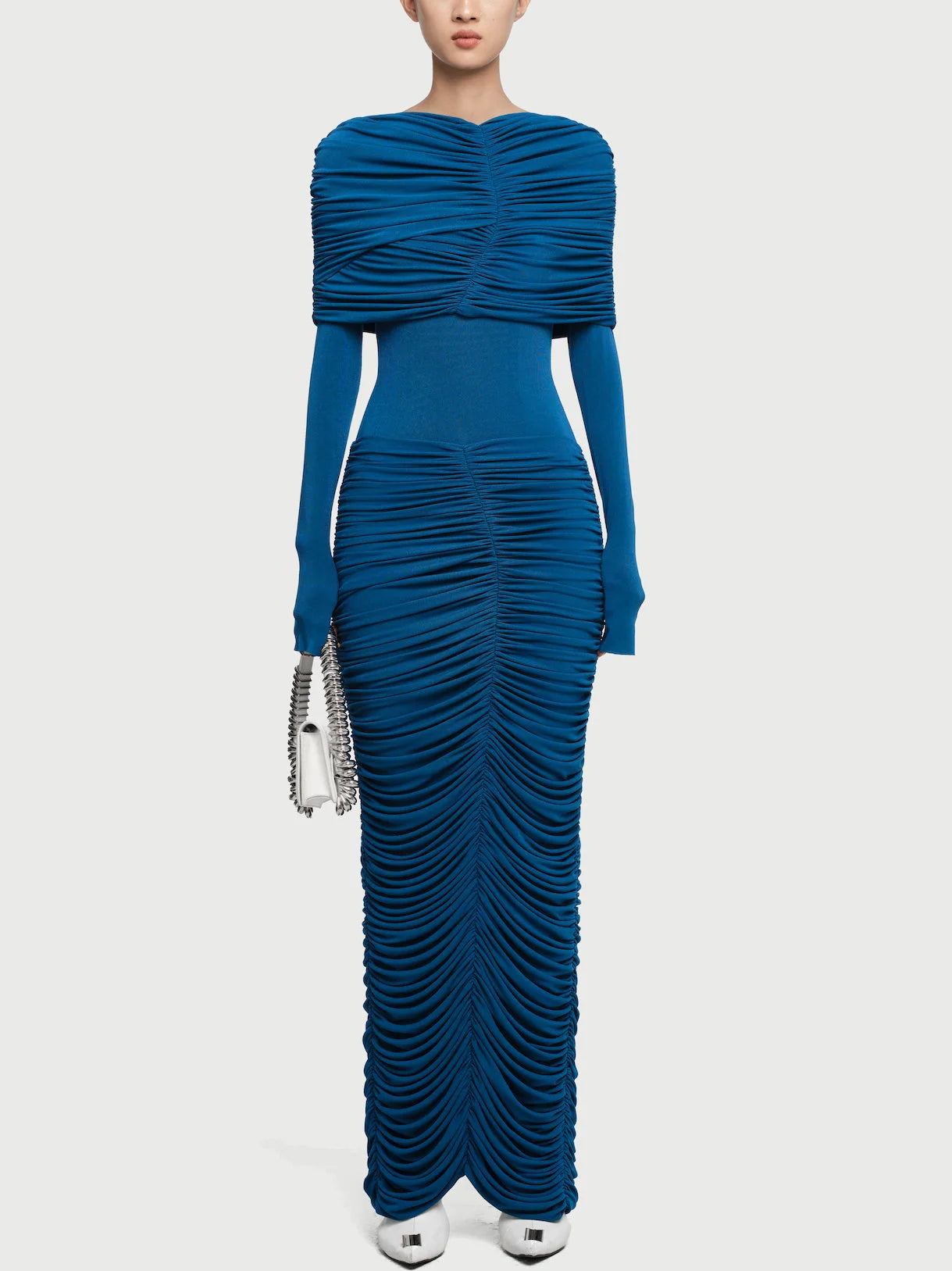 Pleated Ruched Drape Shoulder Jersey Gown S / Blue Dresses