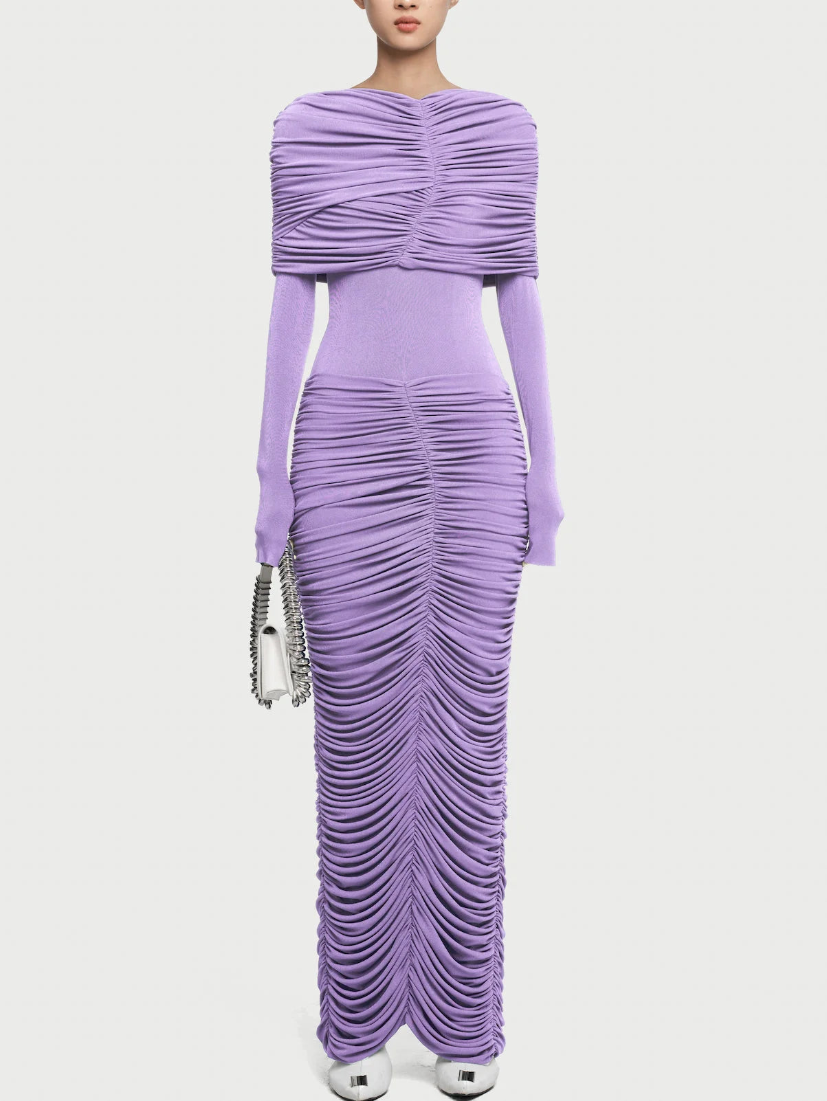Pleated Ruched Drape Shoulder Jersey Gown Dresses