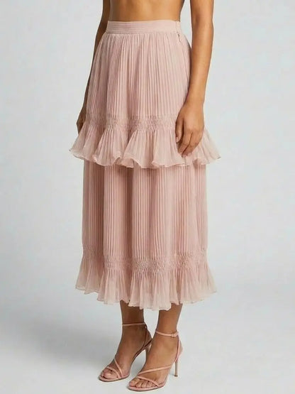 Pleated Ruffle Trim Midi Skirt in Blush Pink - Skirts