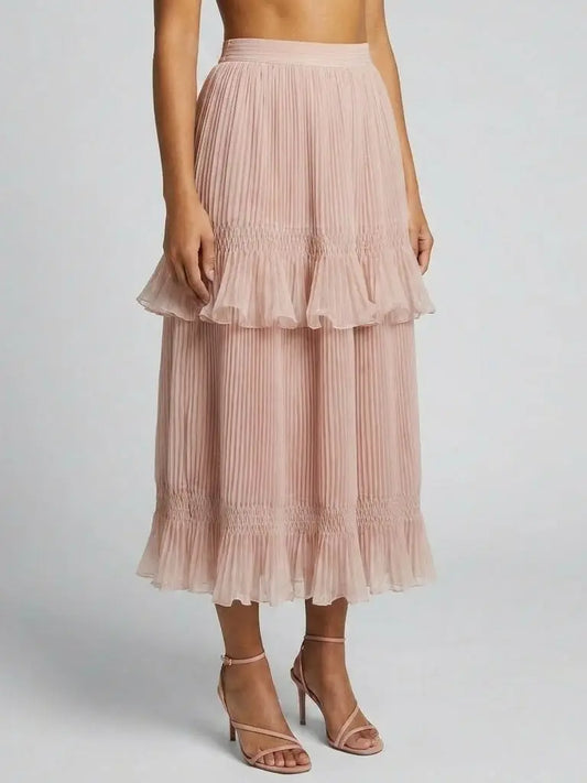 Pleated Ruffle Trim Midi Skirt in Blush Pink - Skirts