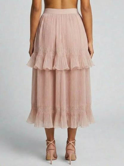 Pleated Ruffle Trim Midi Skirt in Blush Pink - Skirts