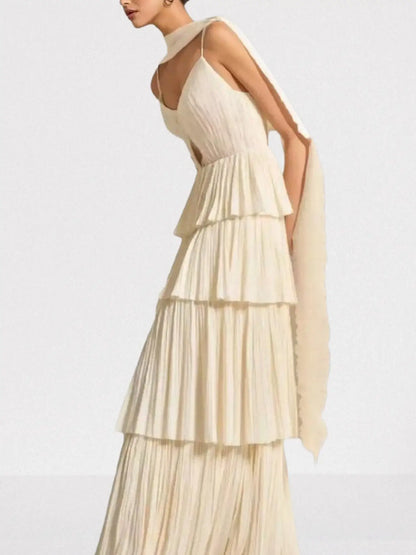 Pleated Tiered Maxi Gown in Champagne - Dresses