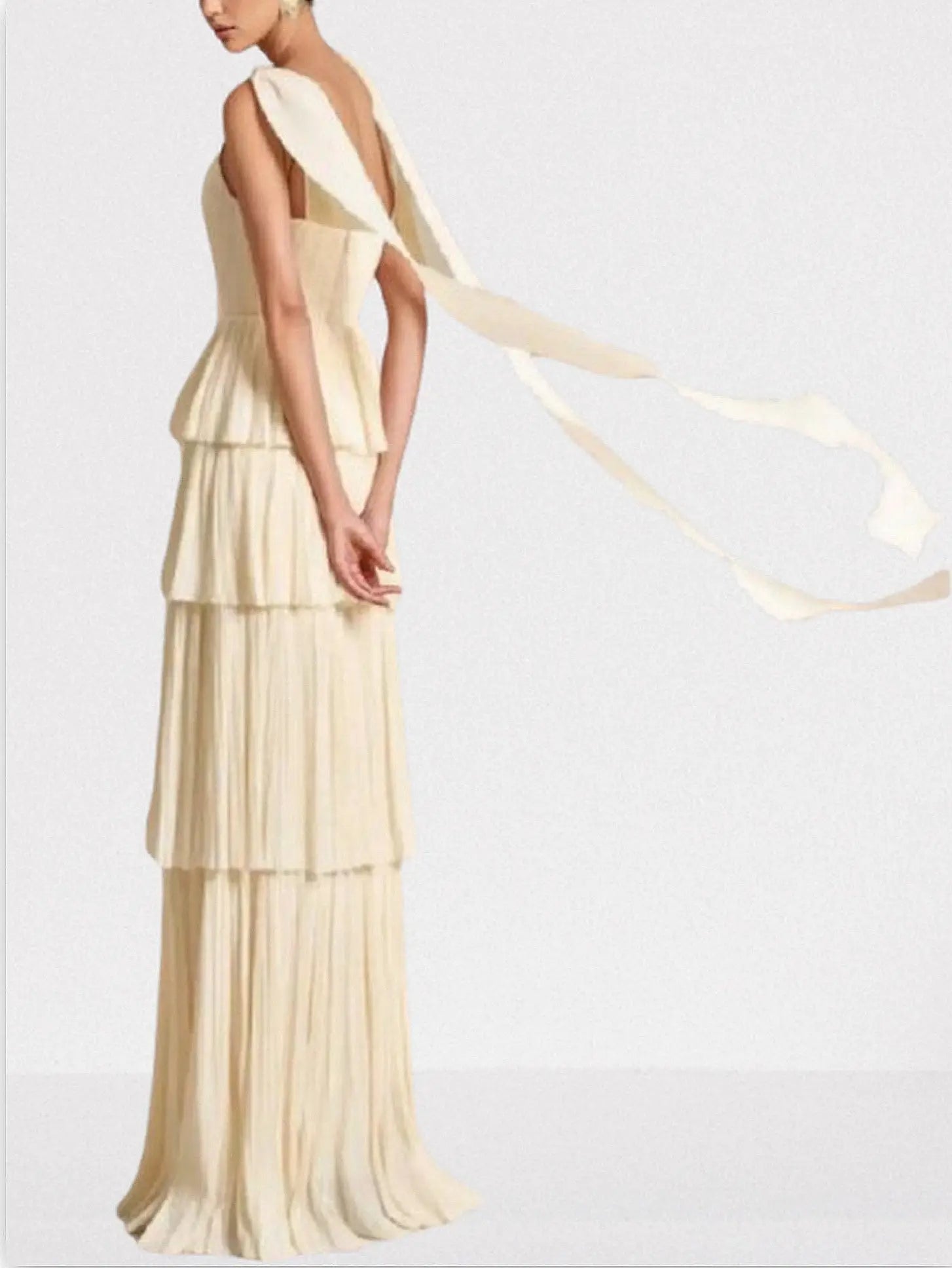Pleated Tiered Maxi Gown in Champagne - Dresses