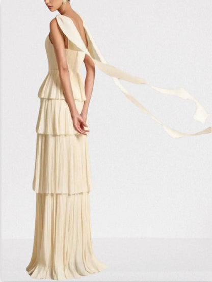 Pleated Tiered Maxi Gown in Champagne - Dresses