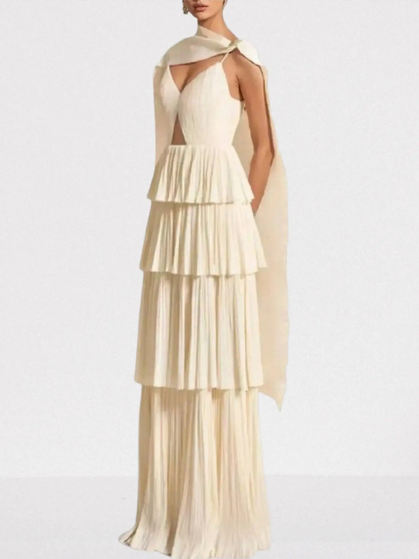 Pleated Tiered Maxi Gown in Champagne - Dresses