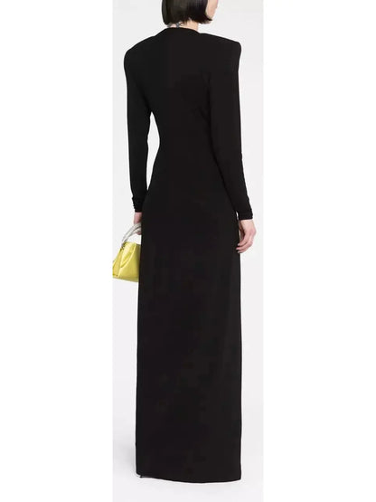 Plunge-Neck Draped Gown, Black - Branna Couture