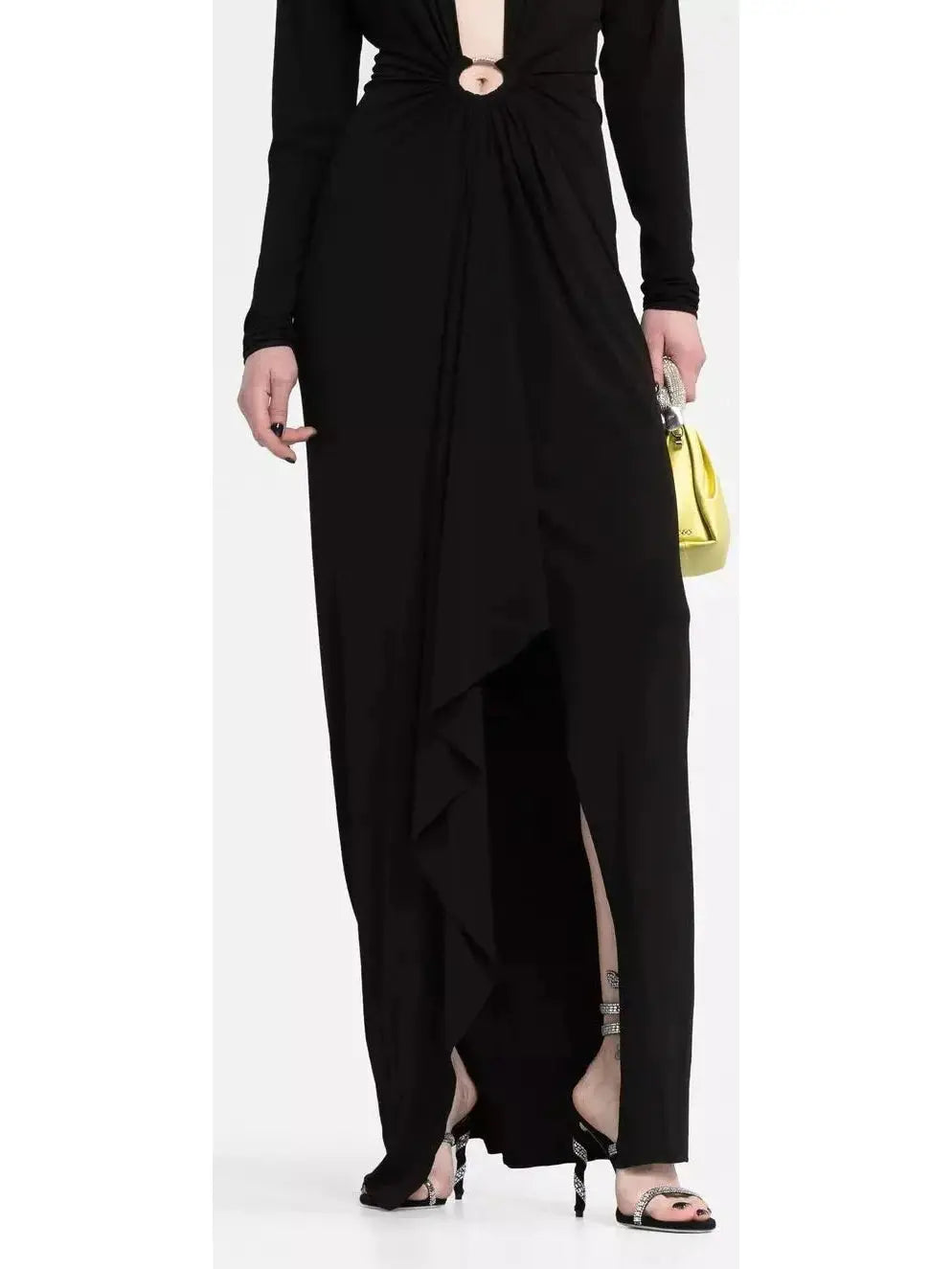 Plunge-Neck Draped Gown, Black - Branna Couture