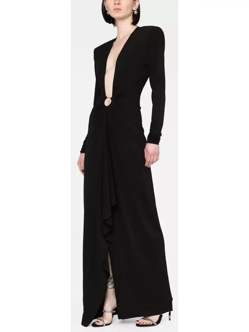 Plunge-Neck Draped Gown, Black - Branna Couture