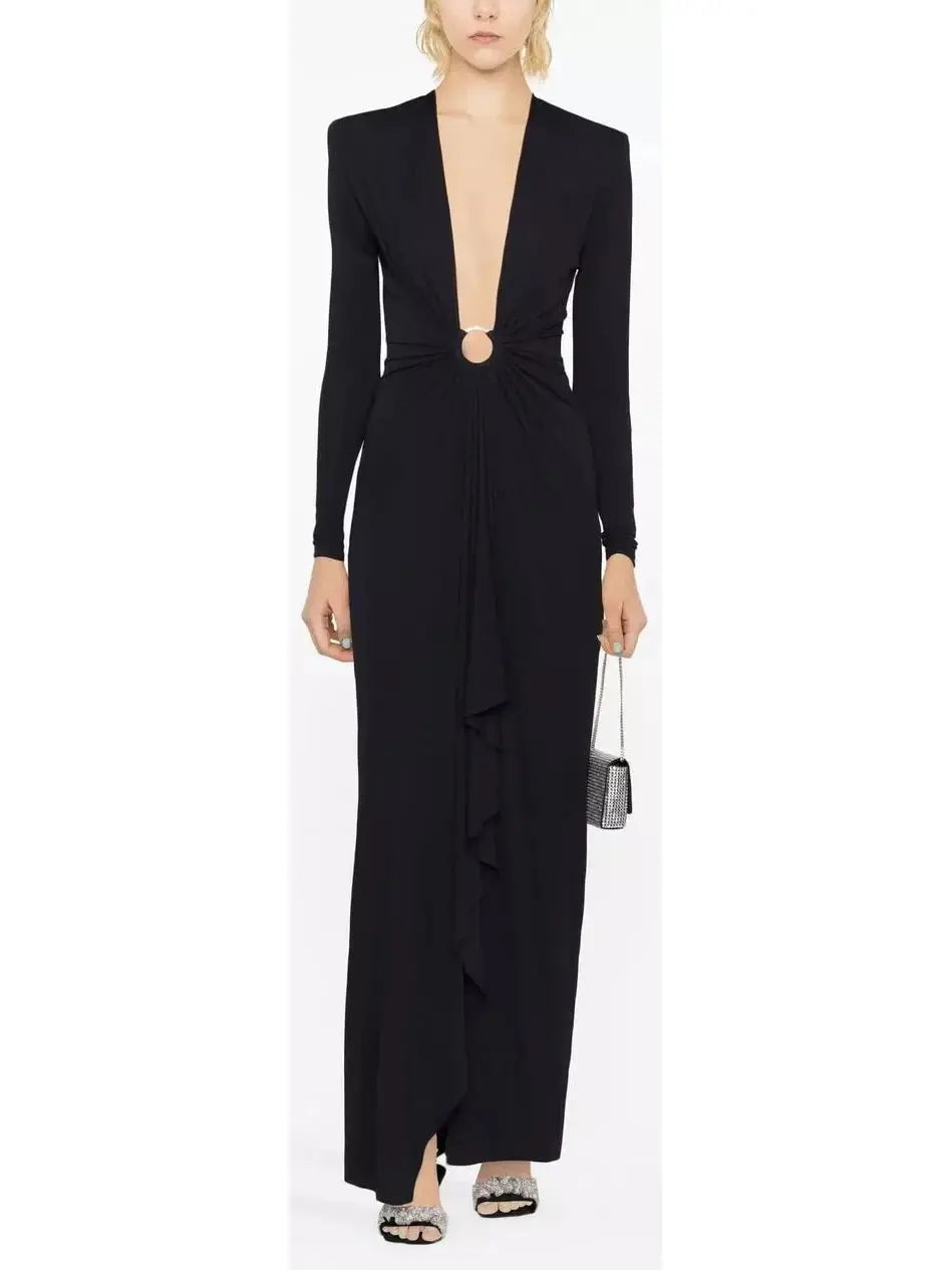 Plunge-Neck Draped Gown, Black - Branna Couture